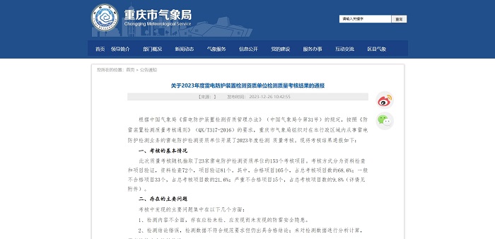 關(guān)于2023年度雷電防護(hù)裝置檢測(cè)資質(zhì)單位檢測(cè)質(zhì)量考核結(jié)果的通報(bào)